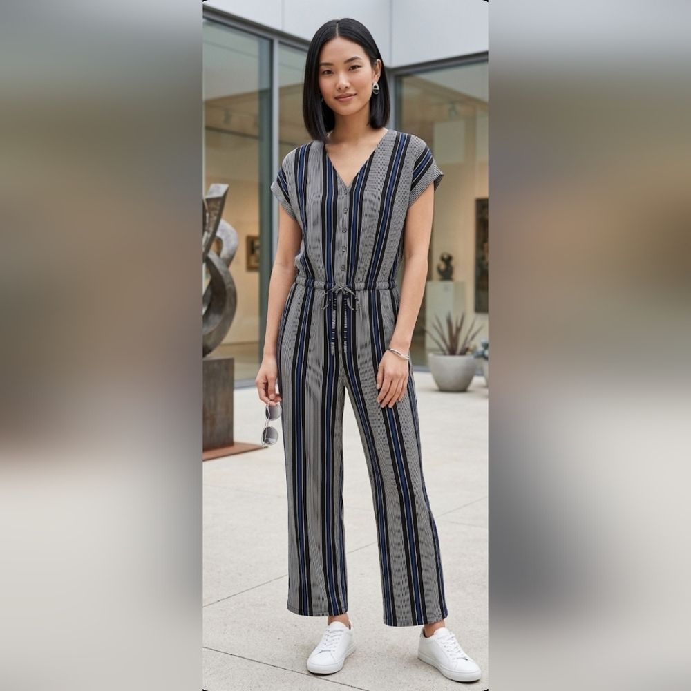 Lily Morgan Striped Jumpsuit Wide Leg V-Neck Blue Black White size:L
